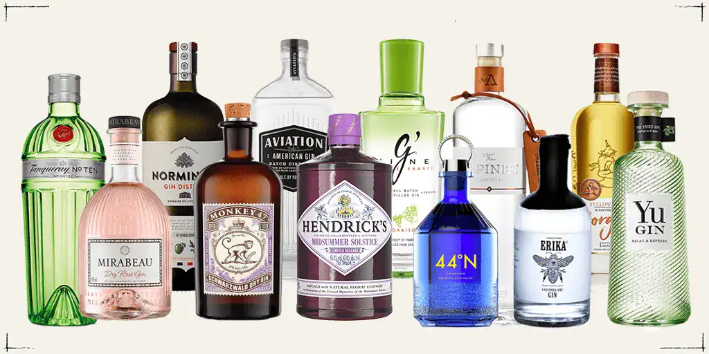 Bannière de gins : Tanqueray, Mirabeau, Normindia, Monkey 47, Hendrick's, Aviat Gin, G'Vine, 44°N, Erika Spirits, The Alpinist, Yu Gin, Yellow Sorgin.